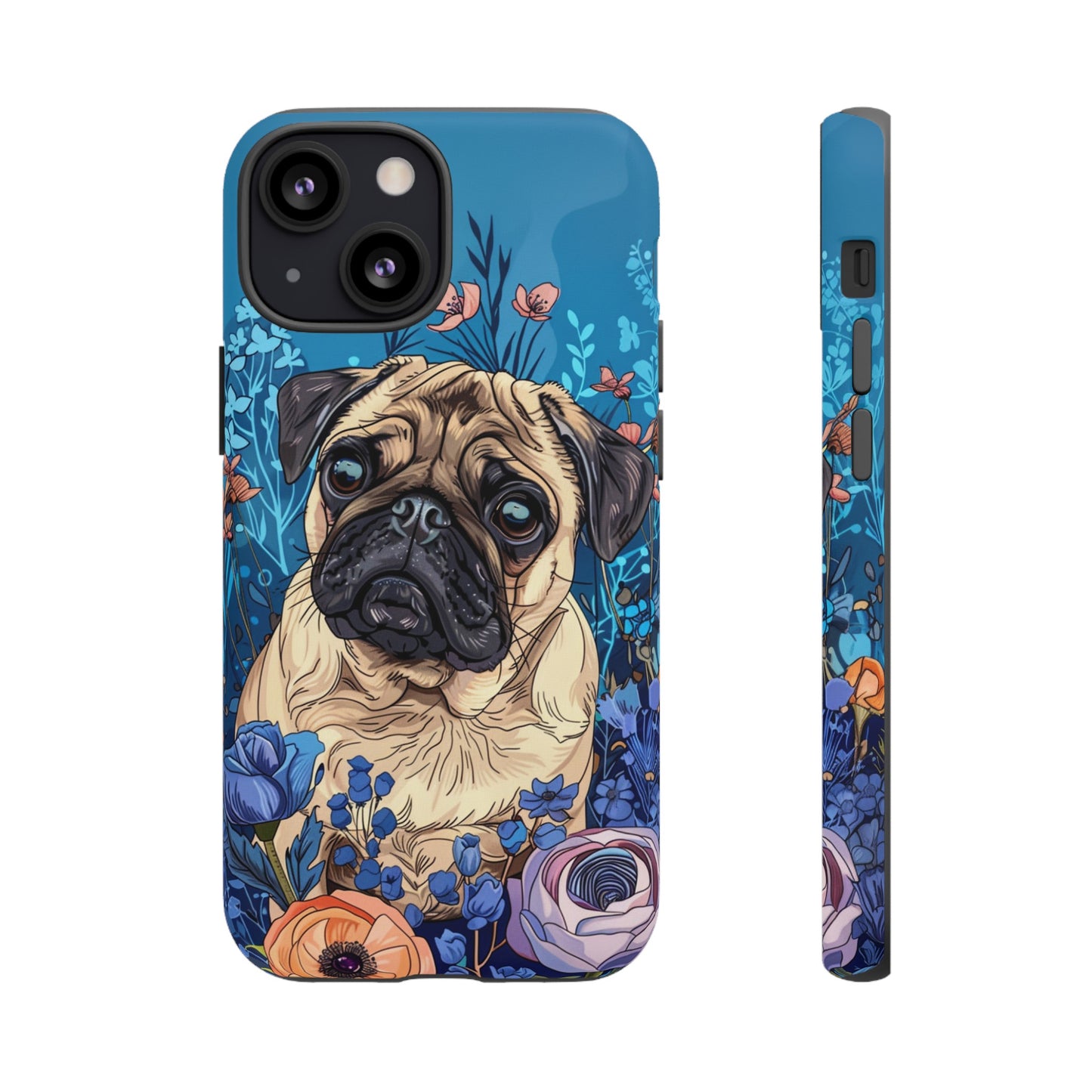 Cute Pug Dog Blue Floral Design Phone Case