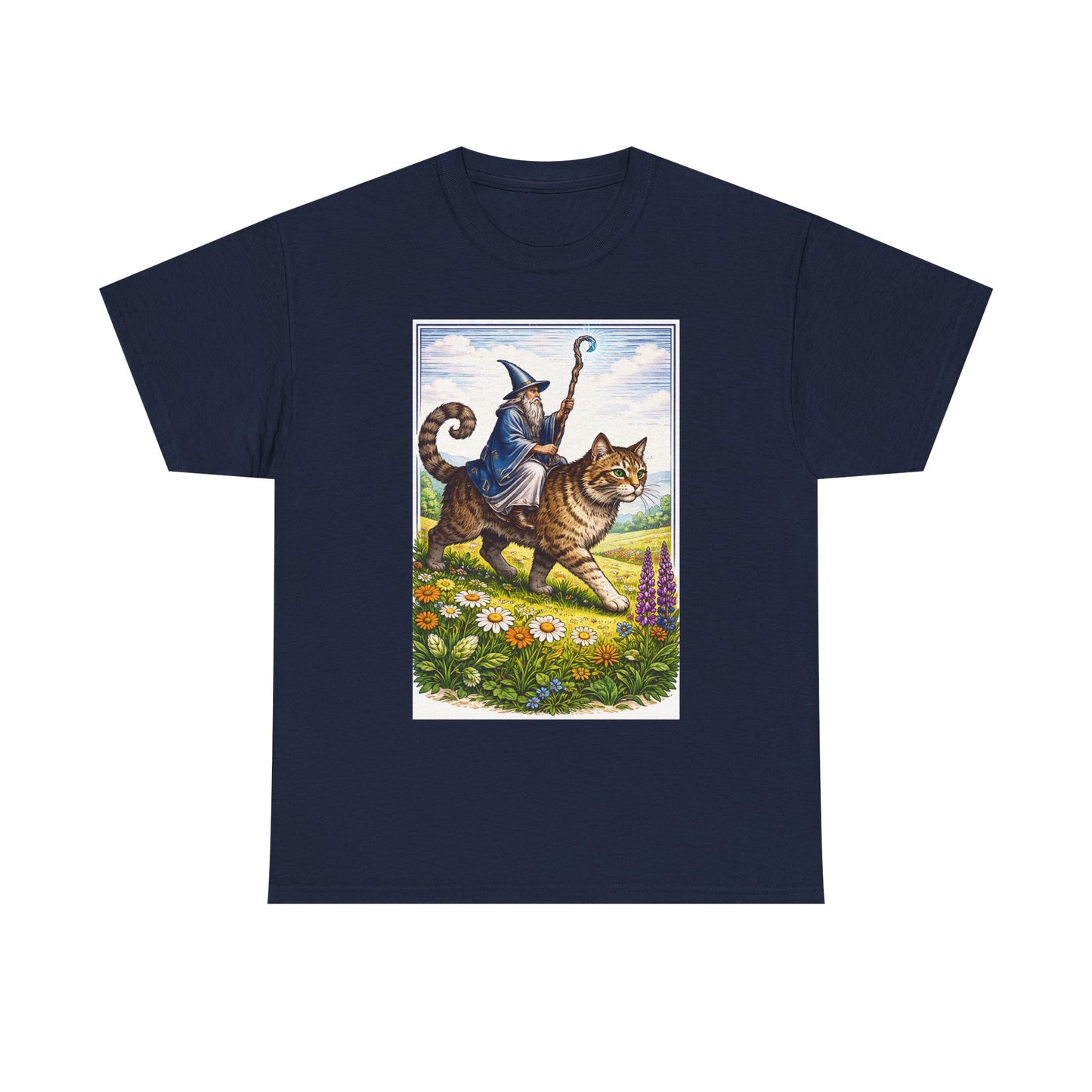 Wizard Cat Rider Vintage Fantasy T Shirt Funny Sorcerer Tee
