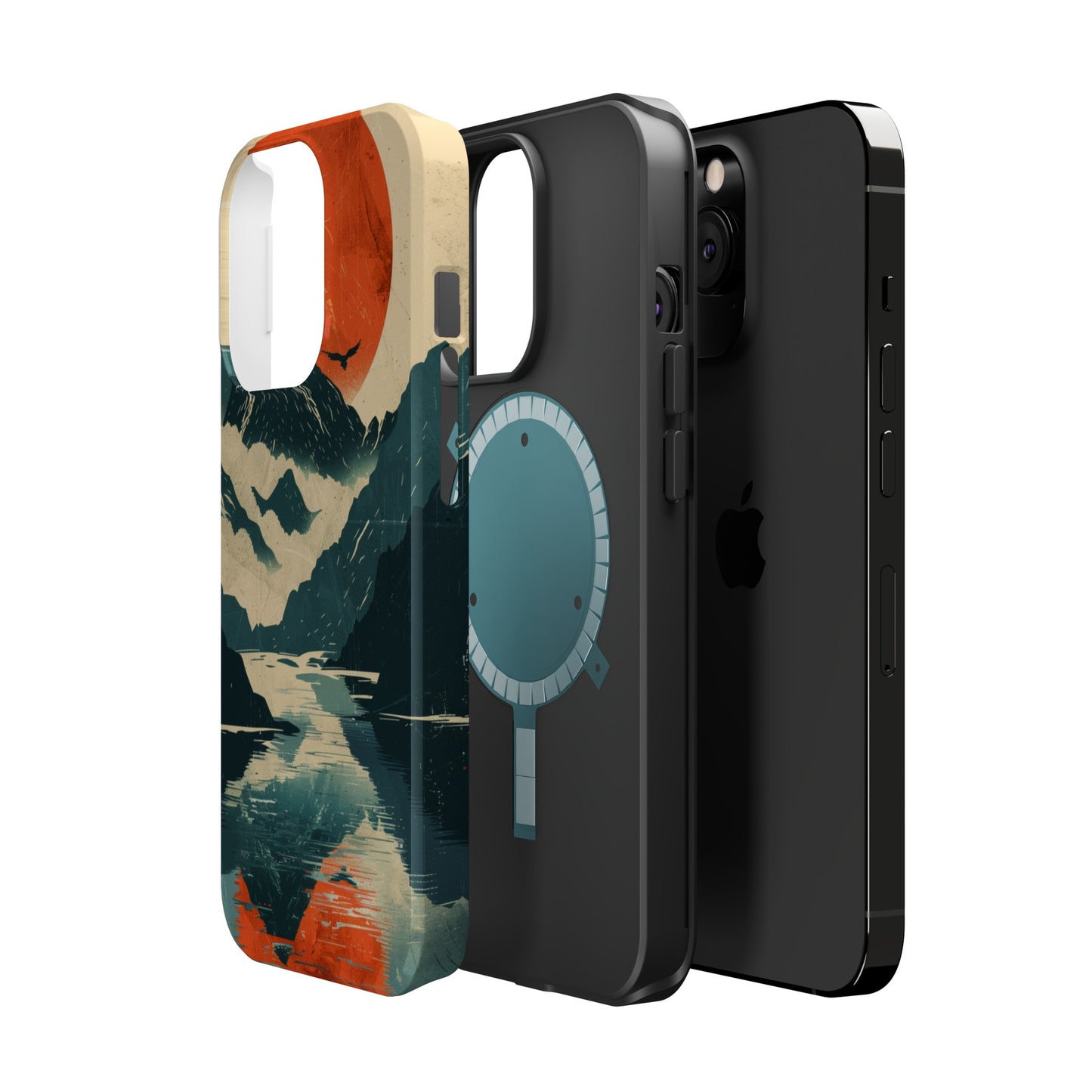 Retro iPhone Case Mountain Sunset Lake Reflection MagSafe Phone Case