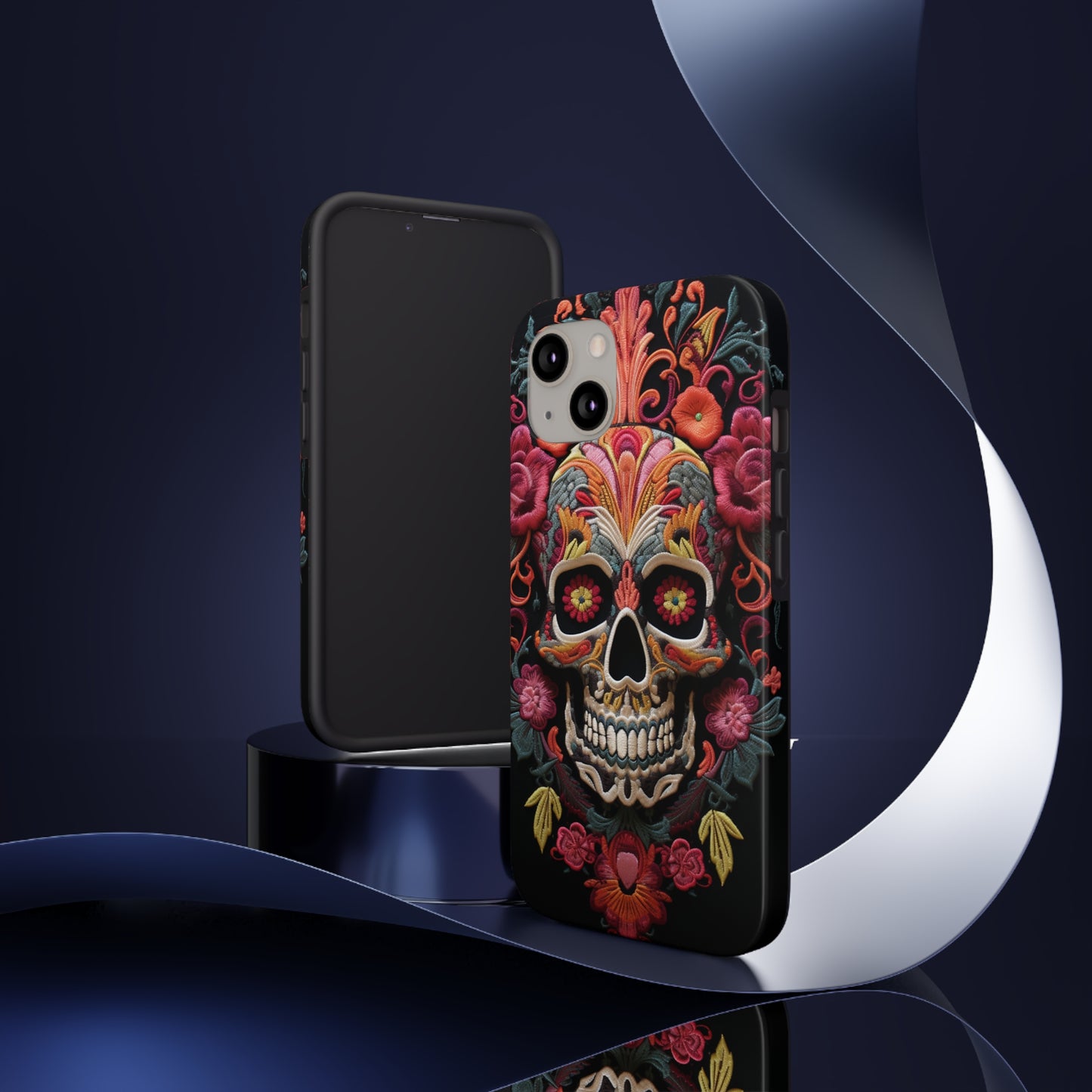 Embroidery Style Sugar Skulls Goth Dark Academia Tough Case iPhone, Edgy Cover, iPhone 14 Plus 13 12 7 8 Se Trendy Halloween Retro Vibe