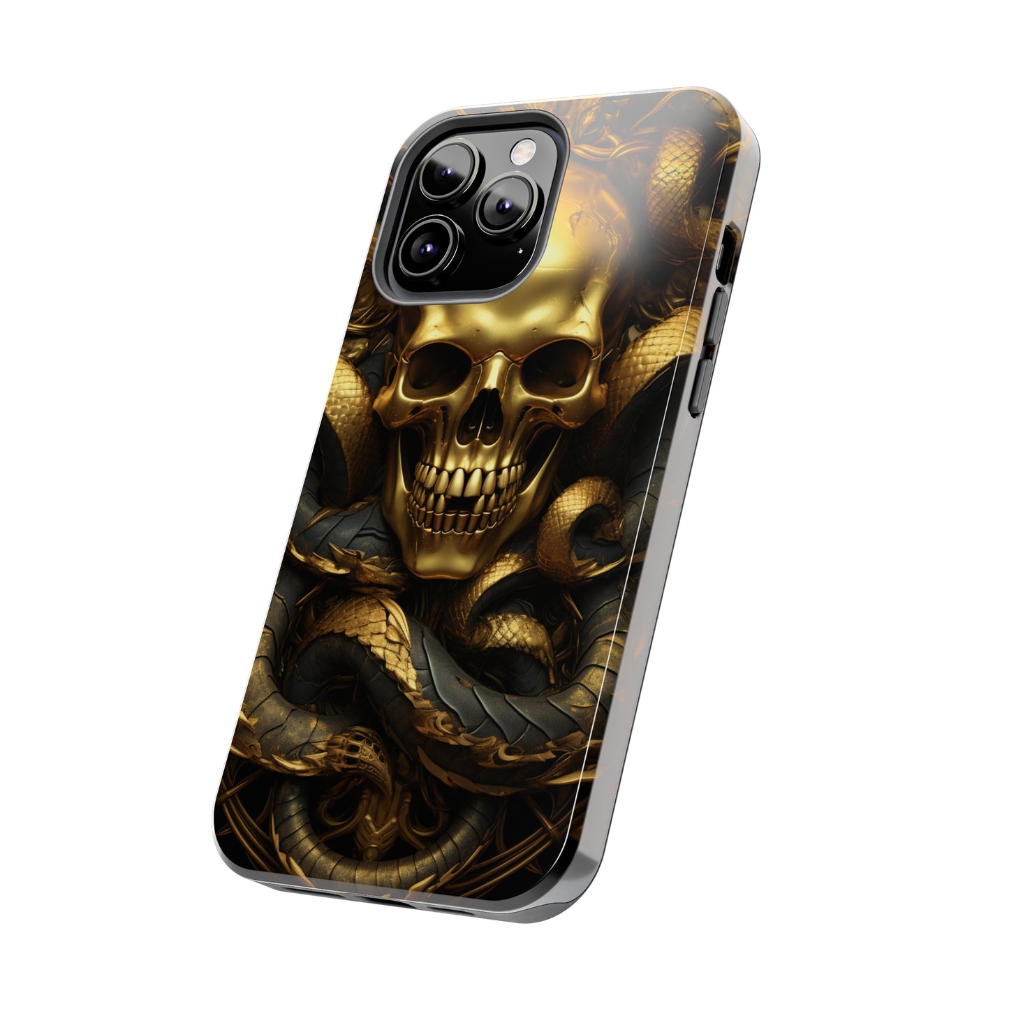 iPhone 14 Case Dark Elegance: Gold Skulls and Snakes Tough iPhone Case | An Edgy Goth Delight