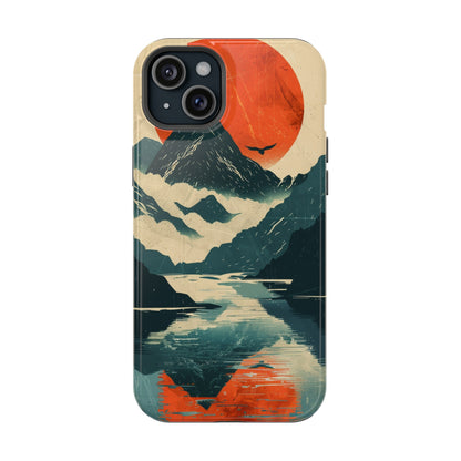 Retro iPhone Case Mountain Sunset Lake Reflection MagSafe Phone Case