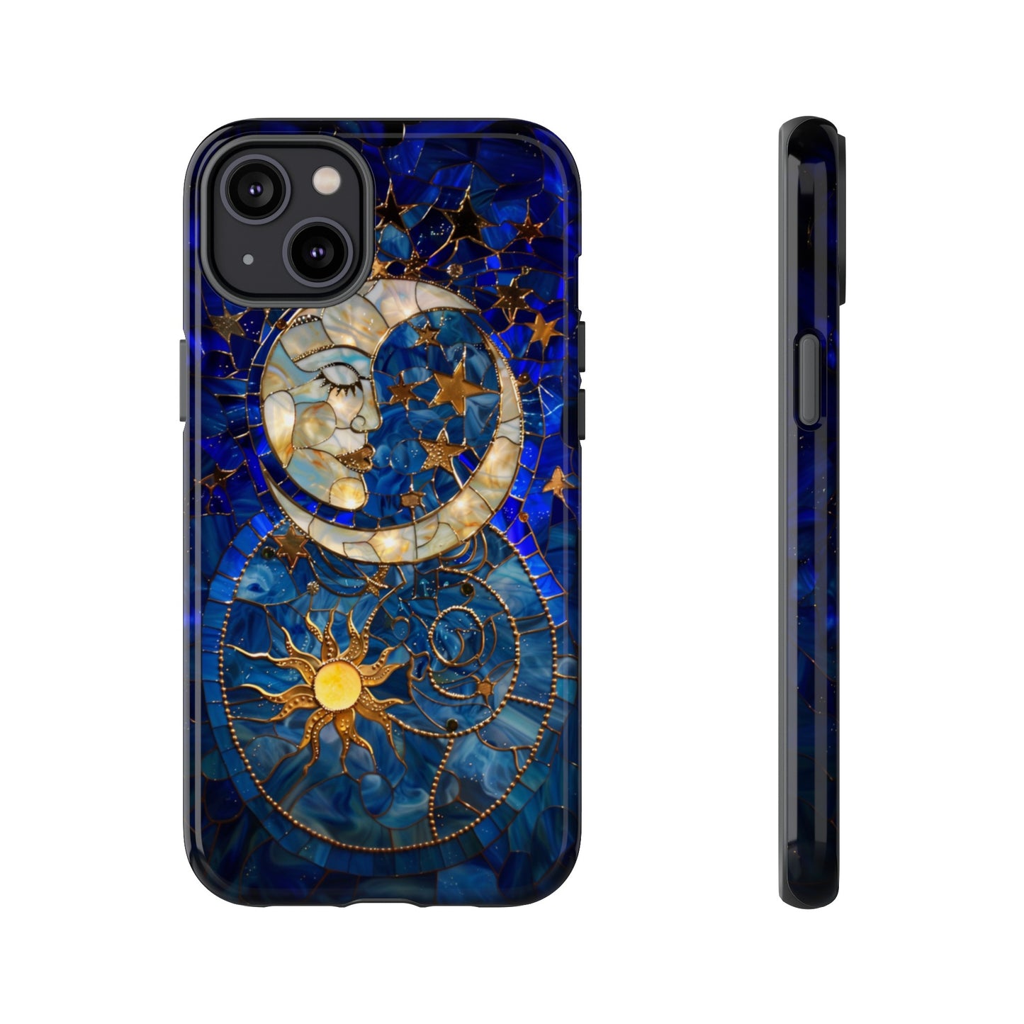 Celestial Stained Glass Moon and Stars Phone Case, Night Sky iPhone 15 Case