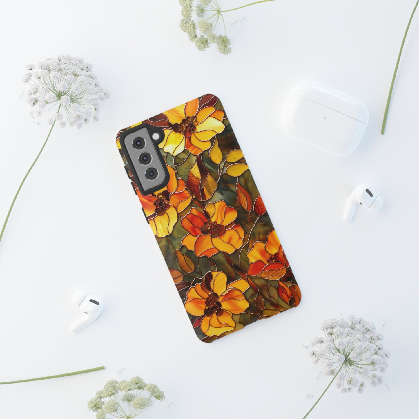 Orange Floral Phone Case Stained Glass Style