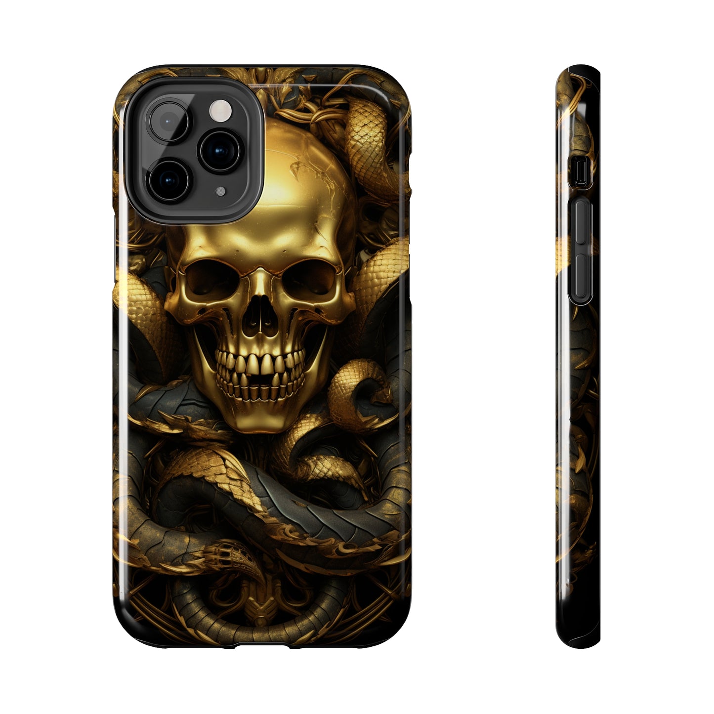 iPhone 14 Case Dark Elegance: Gold Skulls and Snakes Tough iPhone Case | An Edgy Goth Delight