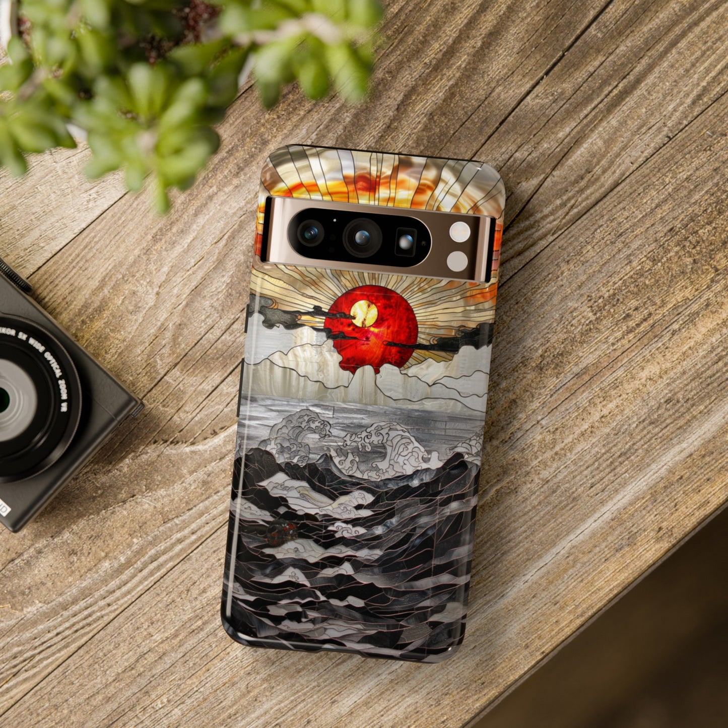 Japanese Rising Sun Phone Case Stained Glass Ocean Wave Phone Cover iPhone 15 Case