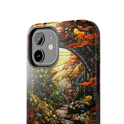 Stained Glass Stone Bridge and River: Floral Art Nouveau Phone Case | Bohemian Elegance for iPhone 14 down to iPhone 7 Models