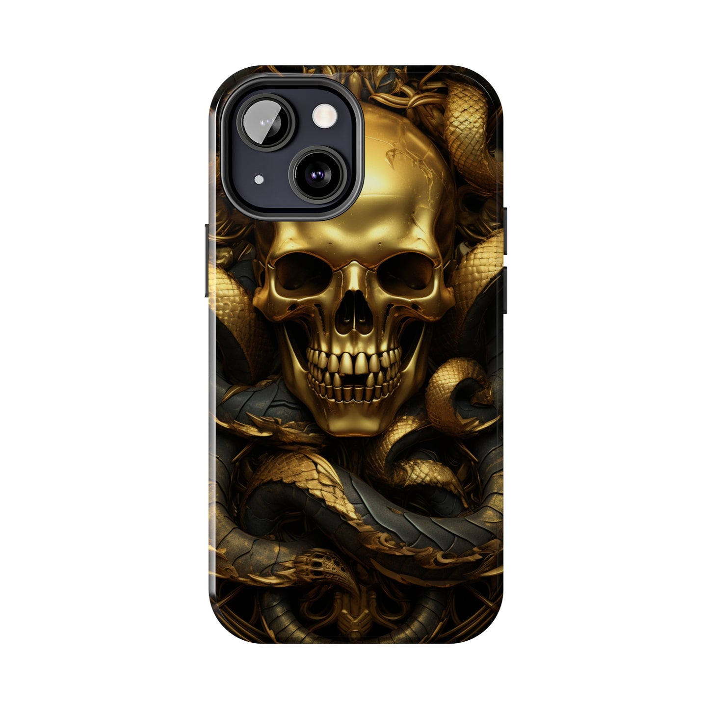 iPhone 14 Case Dark Elegance: Gold Skulls and Snakes Tough iPhone Case | An Edgy Goth Delight