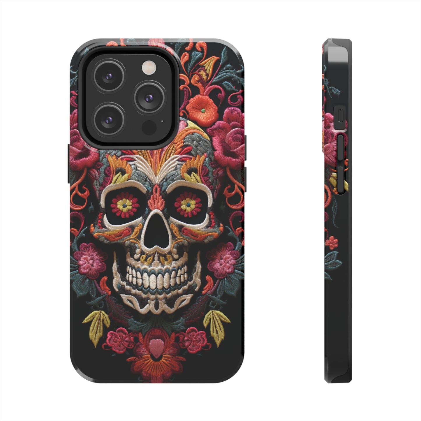 Embroidery Style Sugar Skulls Goth Dark Academia Tough Case iPhone, Edgy Cover, iPhone 14 Plus 13 12 7 8 Se Trendy Halloween Retro Vibe