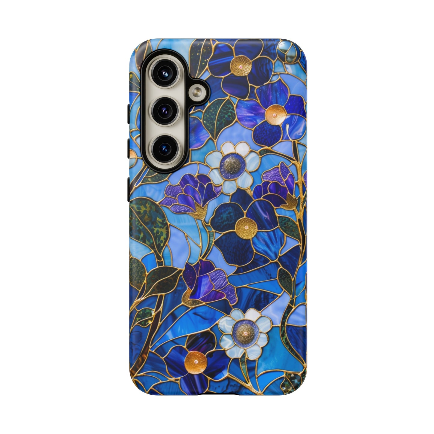 Blue Floral Stained Glass Gold Inlay Wild Flowers Phone Case