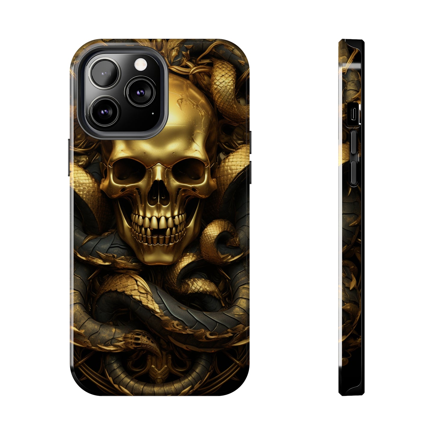 iPhone 14 Case Dark Elegance: Gold Skulls and Snakes Tough iPhone Case | An Edgy Goth Delight