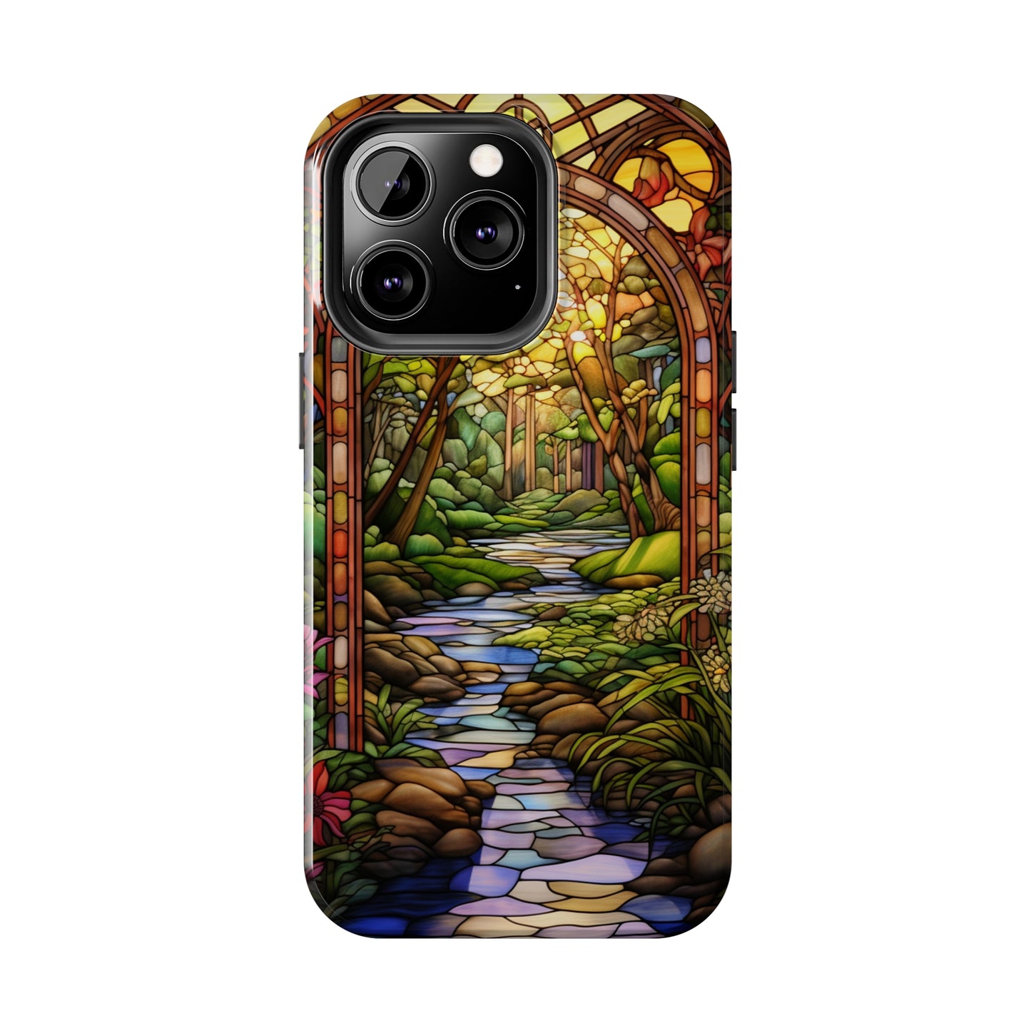 Stained Glass Stone Bridge and River Phone Case: Floral Art Nouveau Design | Bohemian Elegance for iPhone 14 Pro Max, iPhone 14 Plus