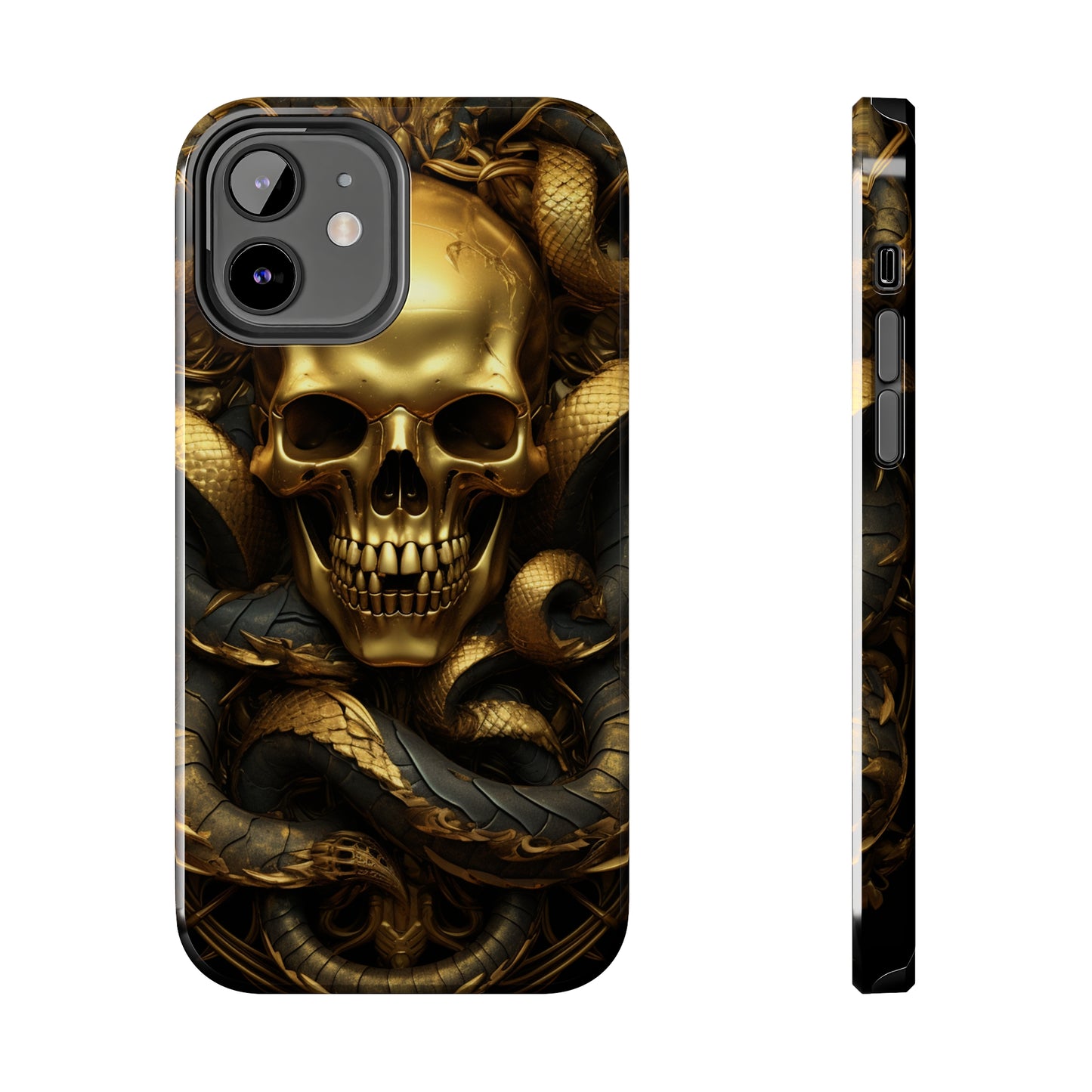 iPhone 14 Case Dark Elegance: Gold Skulls and Snakes Tough iPhone Case | An Edgy Goth Delight