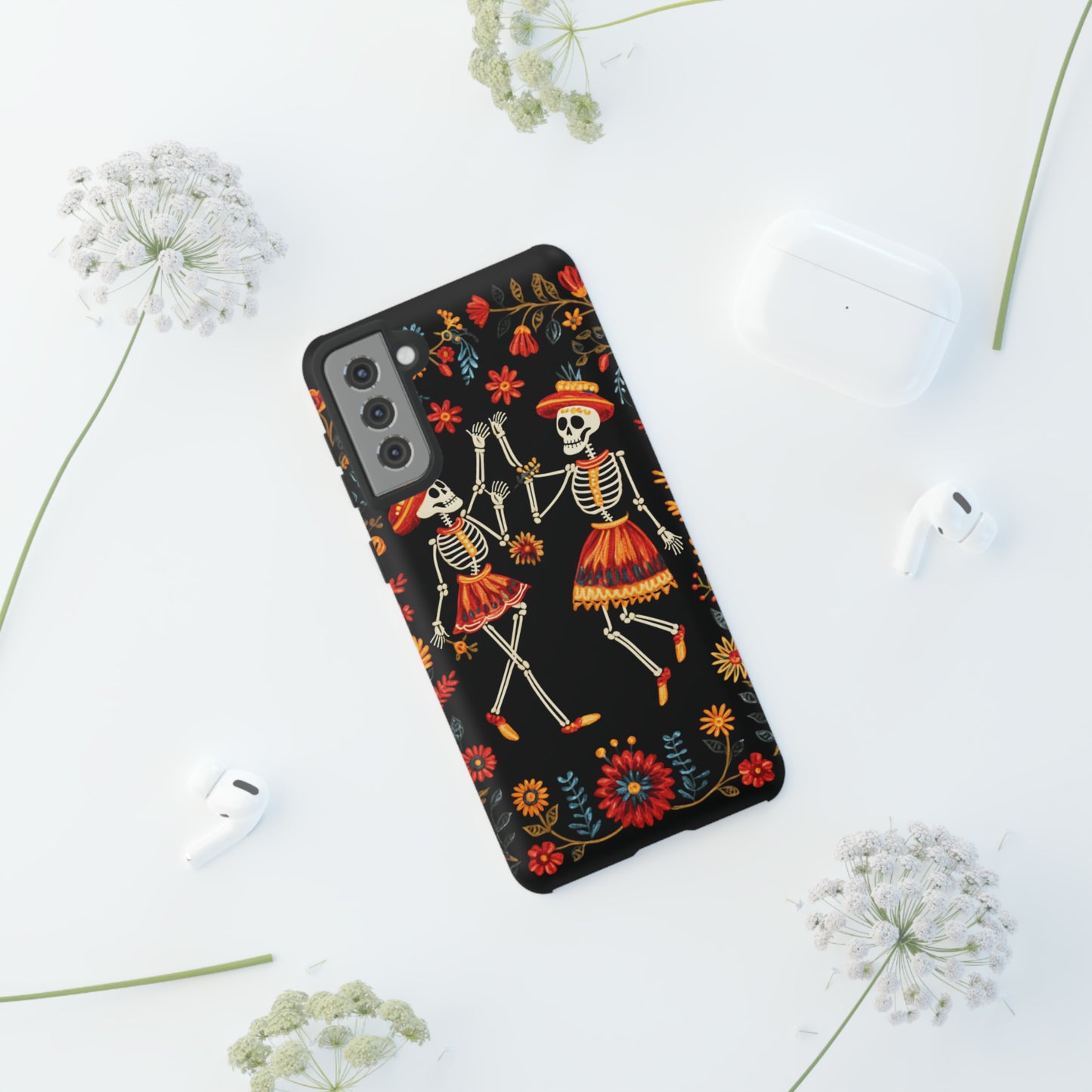 Dead Can Dance, iPhone 15 case, Floral Embroidery Skeletons | Whimsical Dance of the Departed for Google Pixel, iPhone & Samsung Galaxy