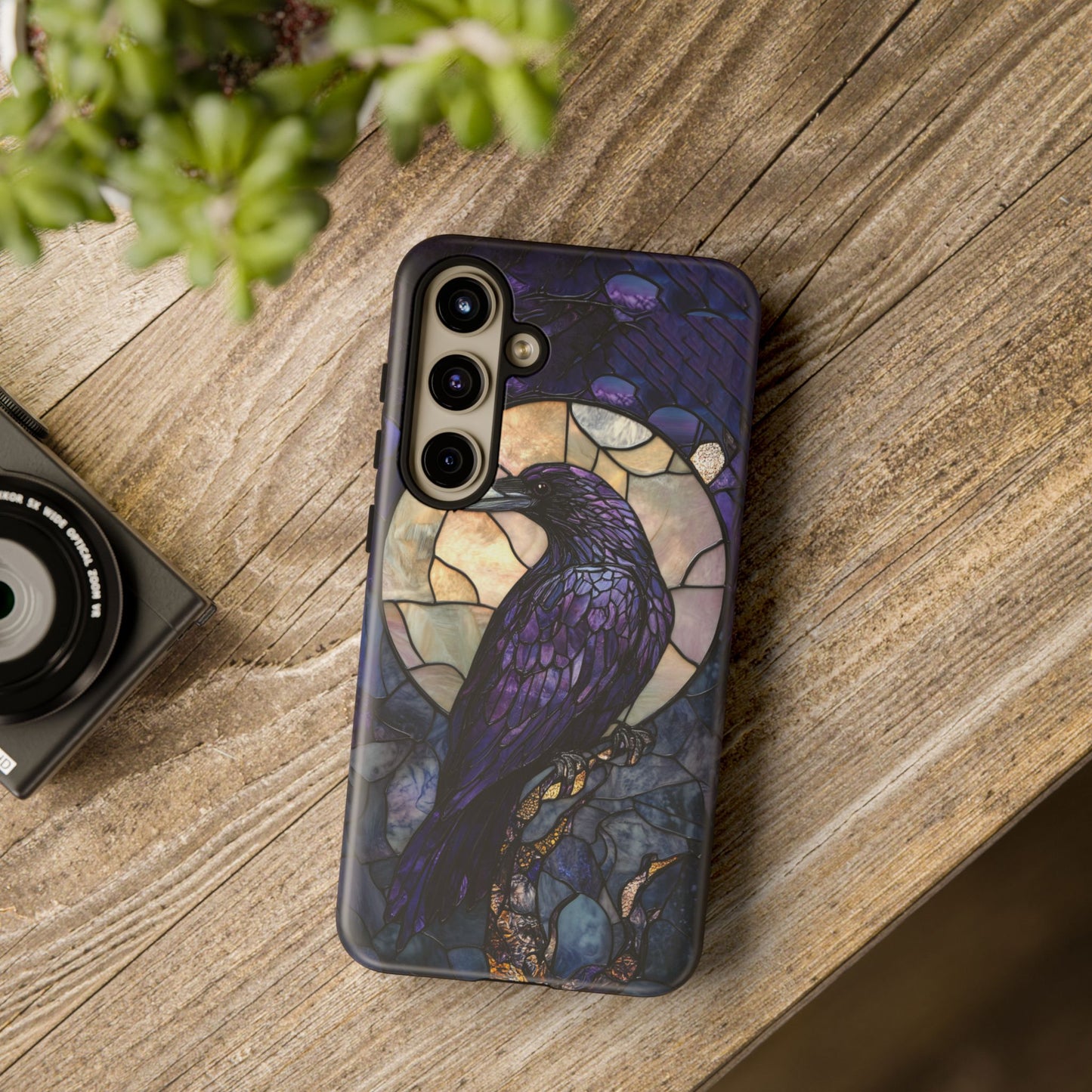 Halloween Phone Case Purple Raven Stained Glass Style Spooky Moon Phone Cover