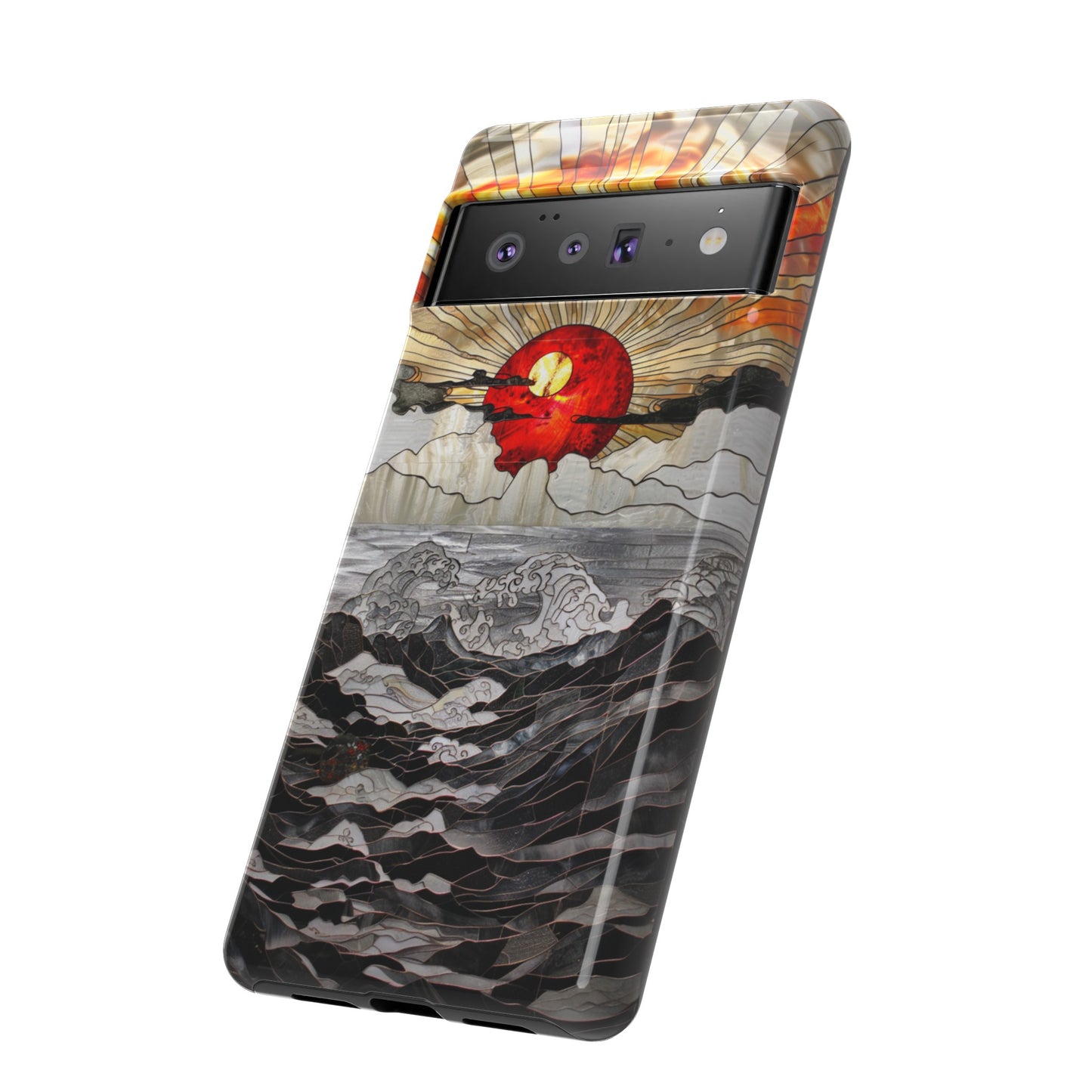 Japanese Rising Sun Phone Case Stained Glass Ocean Wave Phone Cover iPhone 15 Case