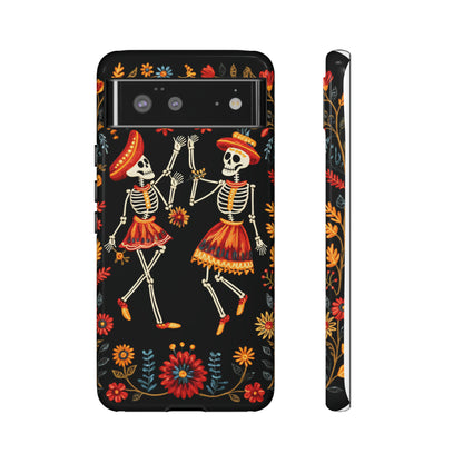 Dead Can Dance, iPhone 15 case, Floral Embroidery Skeletons | Whimsical Dance of the Departed for Google Pixel, iPhone & Samsung Galaxy