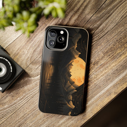 Abstract Landscape Black and Gold Mountains iPhone Case | Embrace the Mystical Full Moon