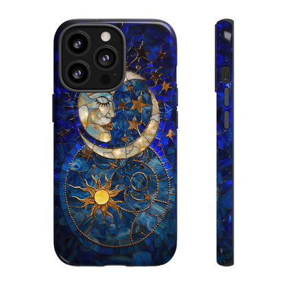 Celestial Stained Glass Moon and Stars Phone Case, Night Sky iPhone 15 Case