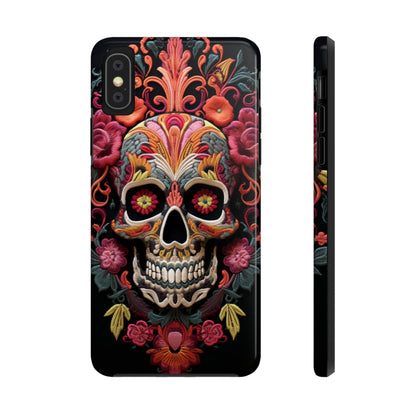 Embroidery Style Sugar Skulls Goth Dark Academia Tough Case iPhone, Edgy Cover, iPhone 14 Plus 13 12 7 8 Se Trendy Halloween Retro Vibe