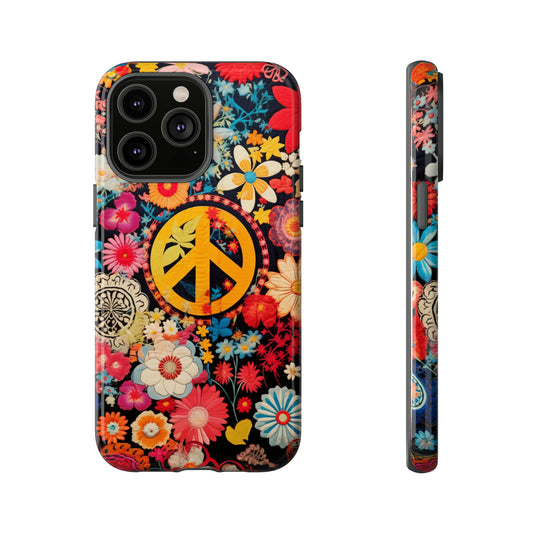 Retro hippie peace sign and floral patchwork design on phone case