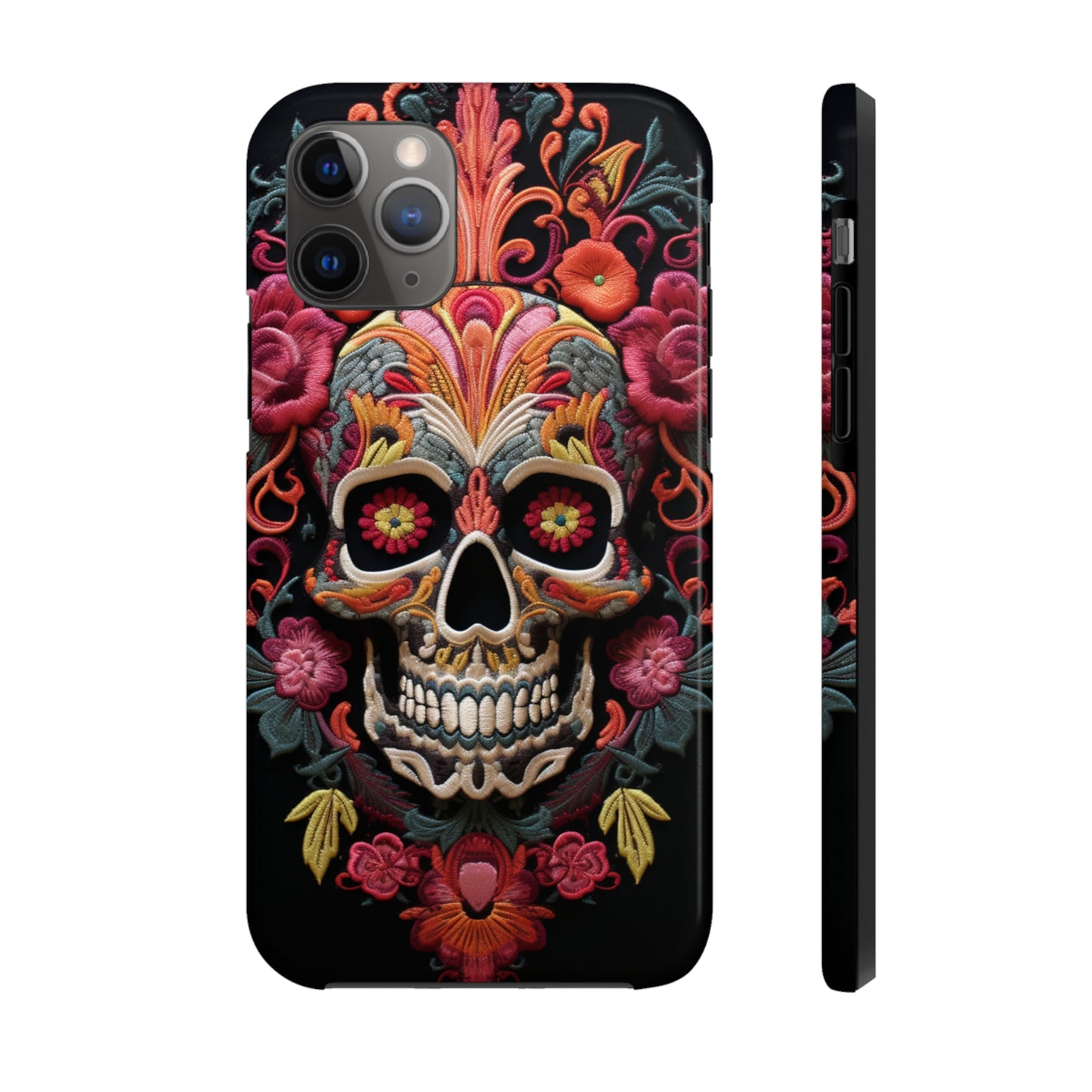 Embroidery Style Sugar Skulls Goth Dark Academia Tough Case iPhone, Edgy Cover, iPhone 14 Plus 13 12 7 8 Se Trendy Halloween Retro Vibe