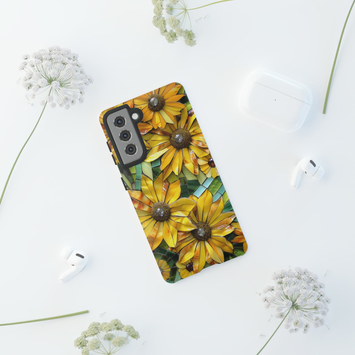 Yellow and Gold Daisy Mosaic Stained Glass Phone Case for iPhone 15, 14, Pro Max, 13, 12 & Samsung Galaxy S23, S22, S21, Google Pixel