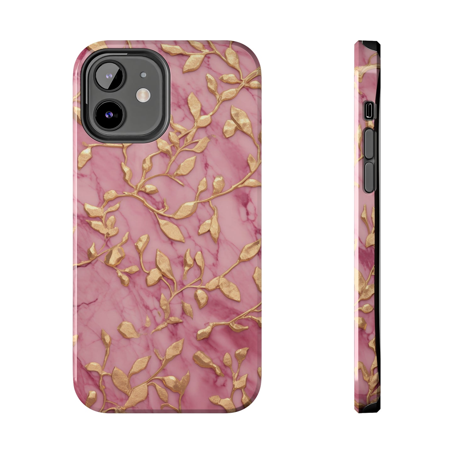 iPhone 14 Case Alluring Elegance: Pink & Gold Leaf Tough iPhone Case