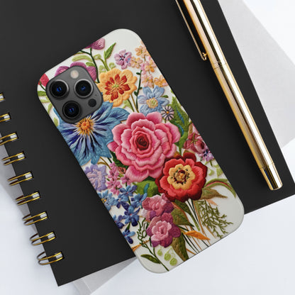 Embroidery Style Floral Aesthetic Flowers in Retro Vintage Tough Case iPhone Case