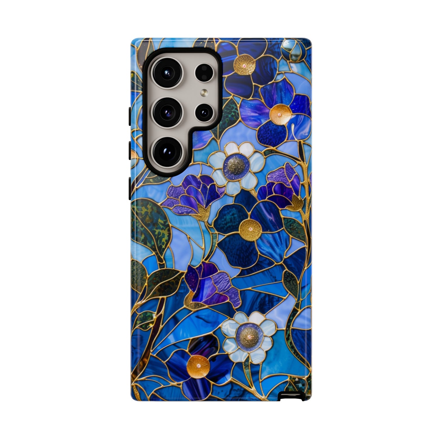 Blue Floral Stained Glass Gold Inlay Wild Flowers Phone Case