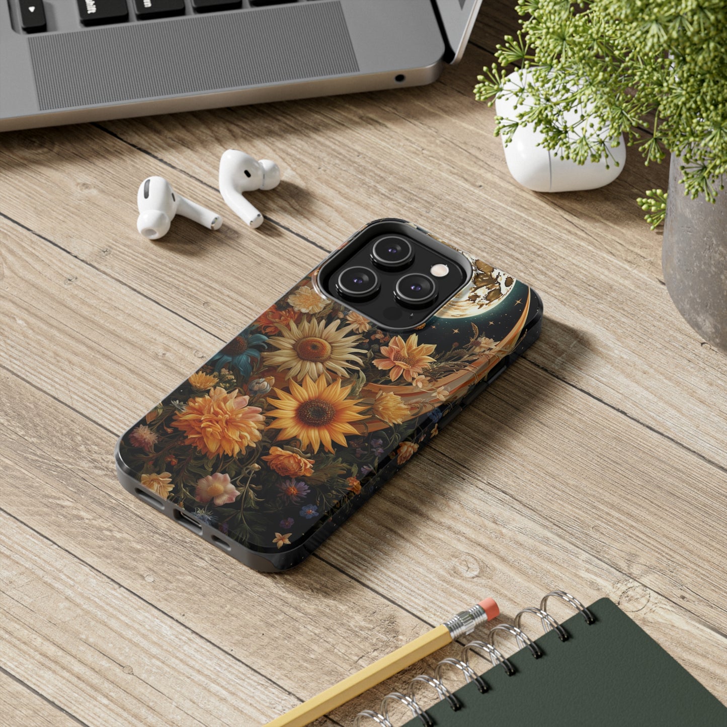 Celestial Charm: iPhone Case with Boho Cottagecore Fusion of Floral, Sun, Moon & Stars