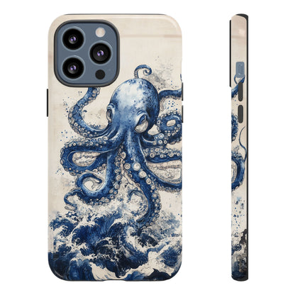 Vintage Japanese Art Style Blue Octopus and Waves Phone Cover