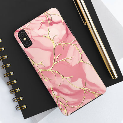 iPhone Elegance Unveiled: Pink & Gold Leaf Marble | Premium Tough iPhone Case