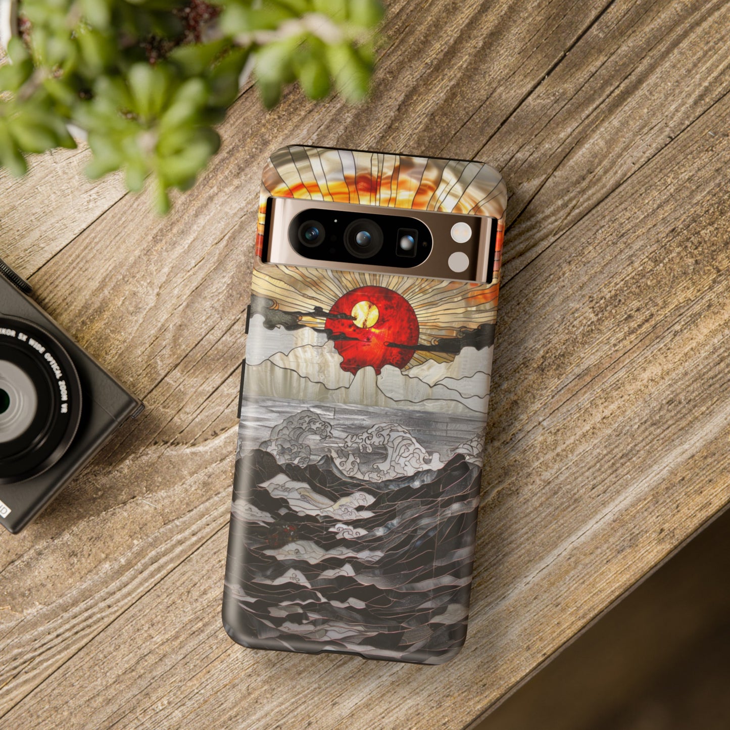 Japanese Rising Sun Phone Case Stained Glass Ocean Wave Phone Cover iPhone 15 Case