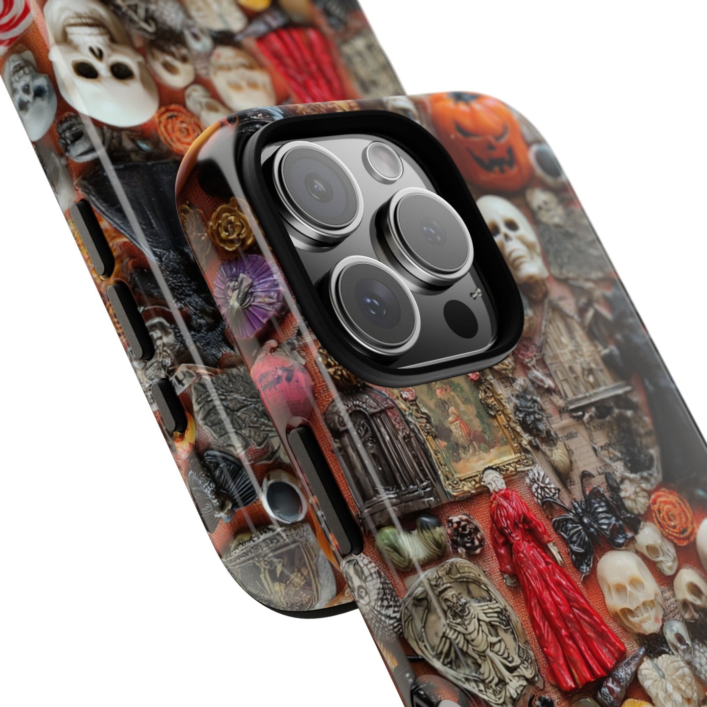 Phone case with Halloween-themed design featuring ghosts, pumpkins, and other elements.