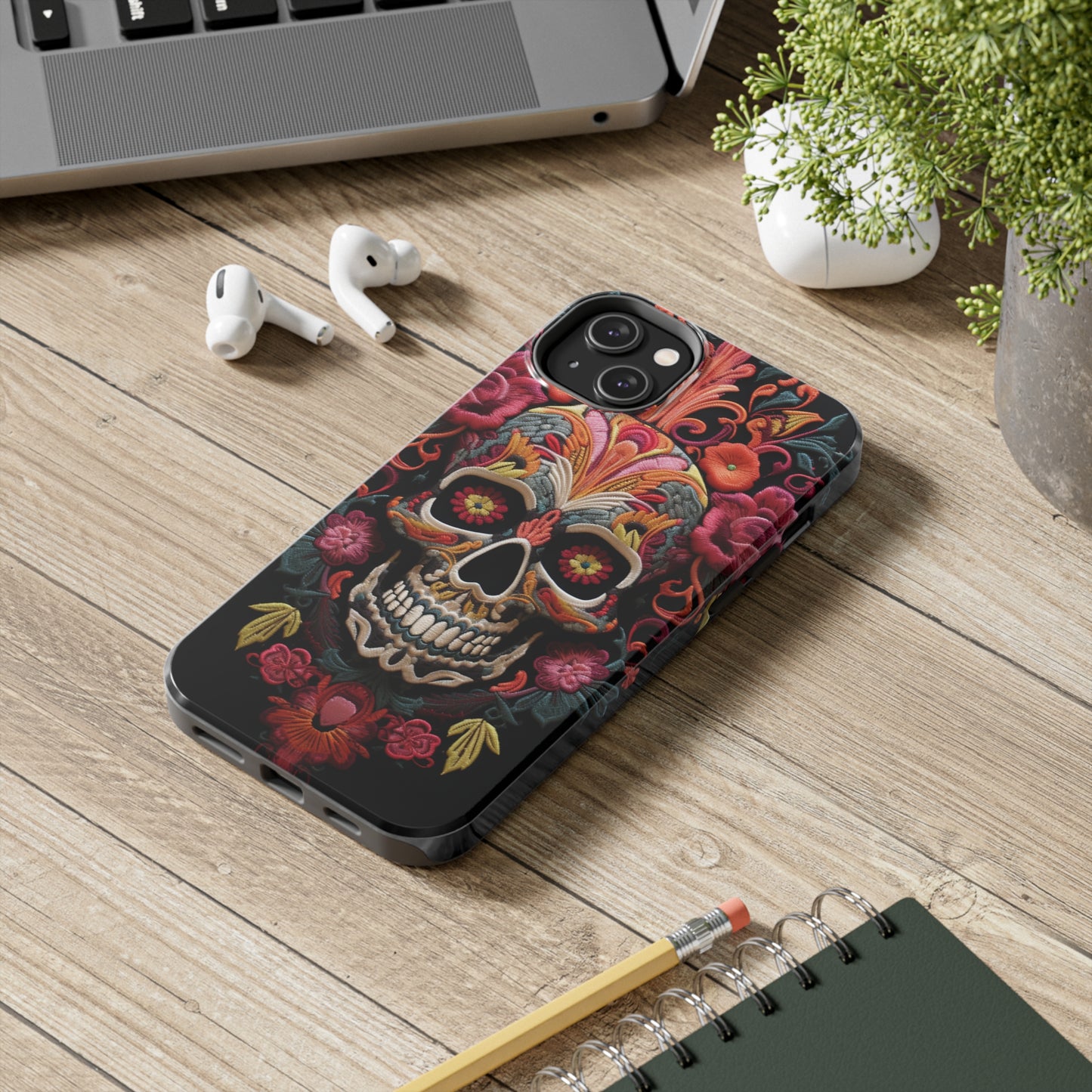 Embroidery Style Sugar Skulls Goth Dark Academia Tough Case iPhone, Edgy Cover, iPhone 14 Plus 13 12 7 8 Se Trendy Halloween Retro Vibe