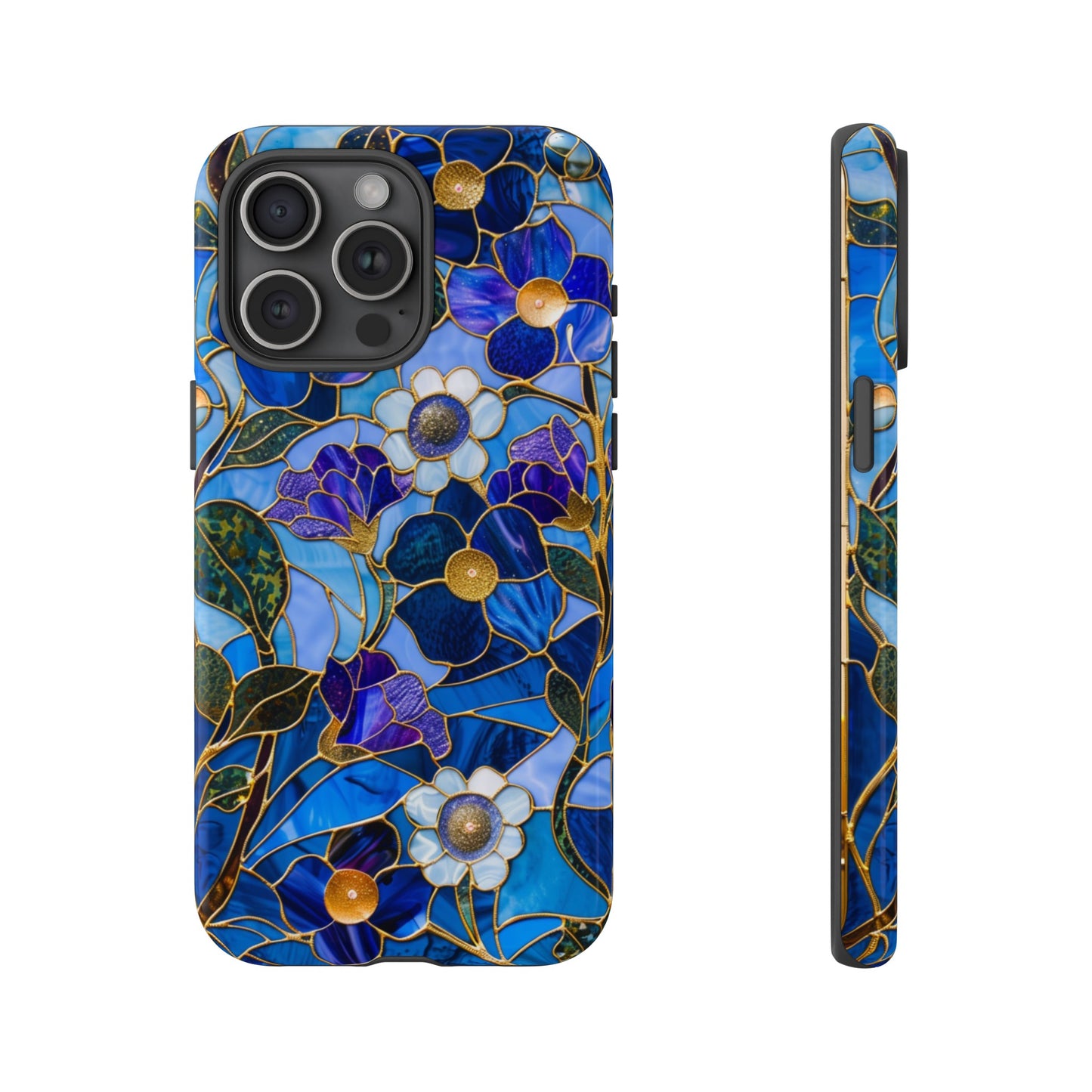 Blue Floral Stained Glass Gold Inlay Wild Flowers Phone Case