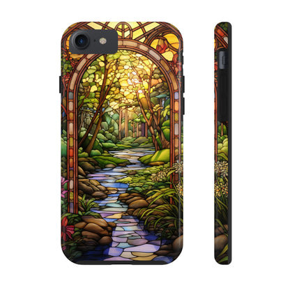 Stained Glass Stone Bridge and River Phone Case: Floral Art Nouveau Design | Bohemian Elegance for iPhone 14 Pro Max, iPhone 14 Plus