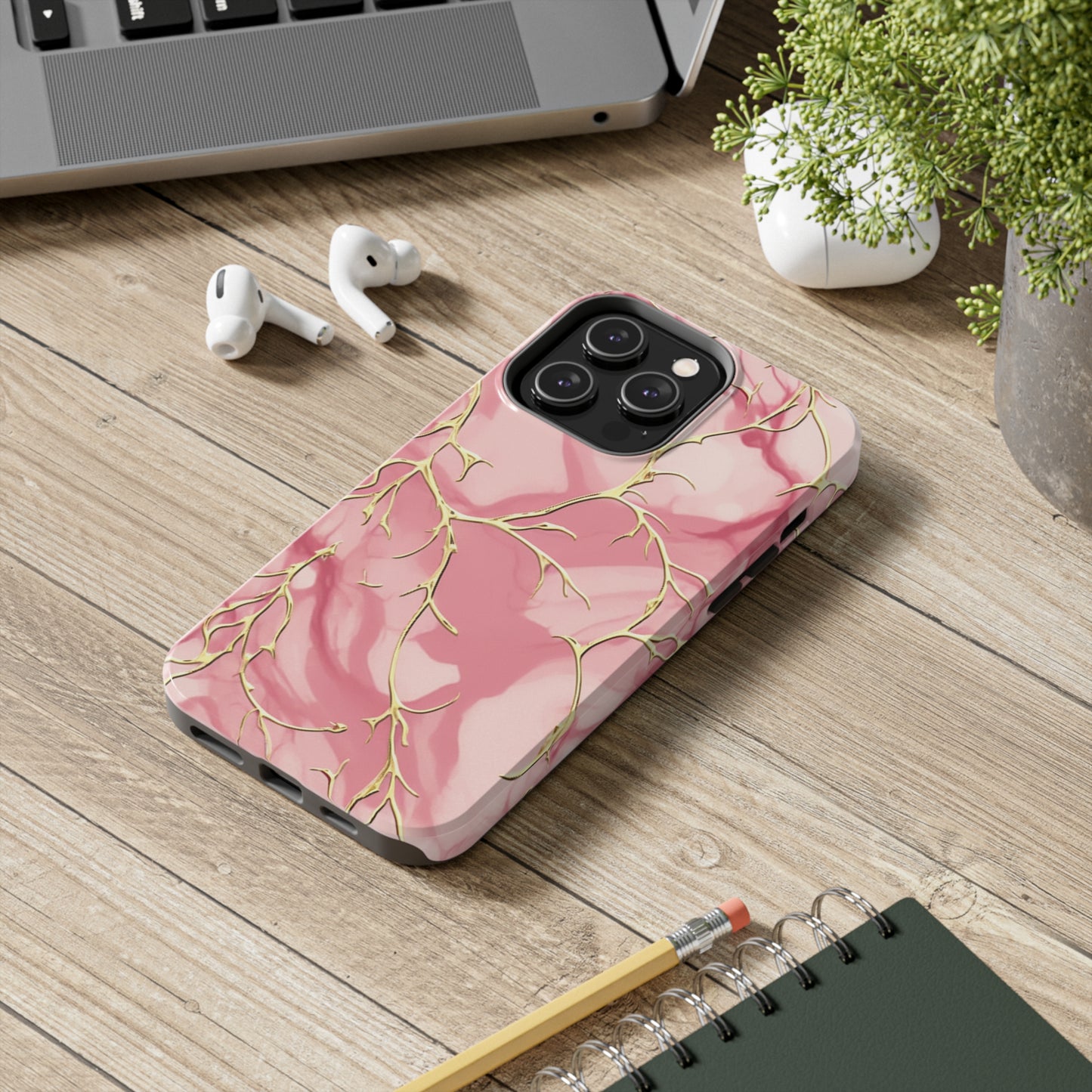 iPhone Elegance Unveiled: Pink & Gold Leaf Marble | Premium Tough iPhone Case