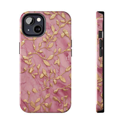 iPhone 14 Case Alluring Elegance: Pink & Gold Leaf Tough iPhone Case