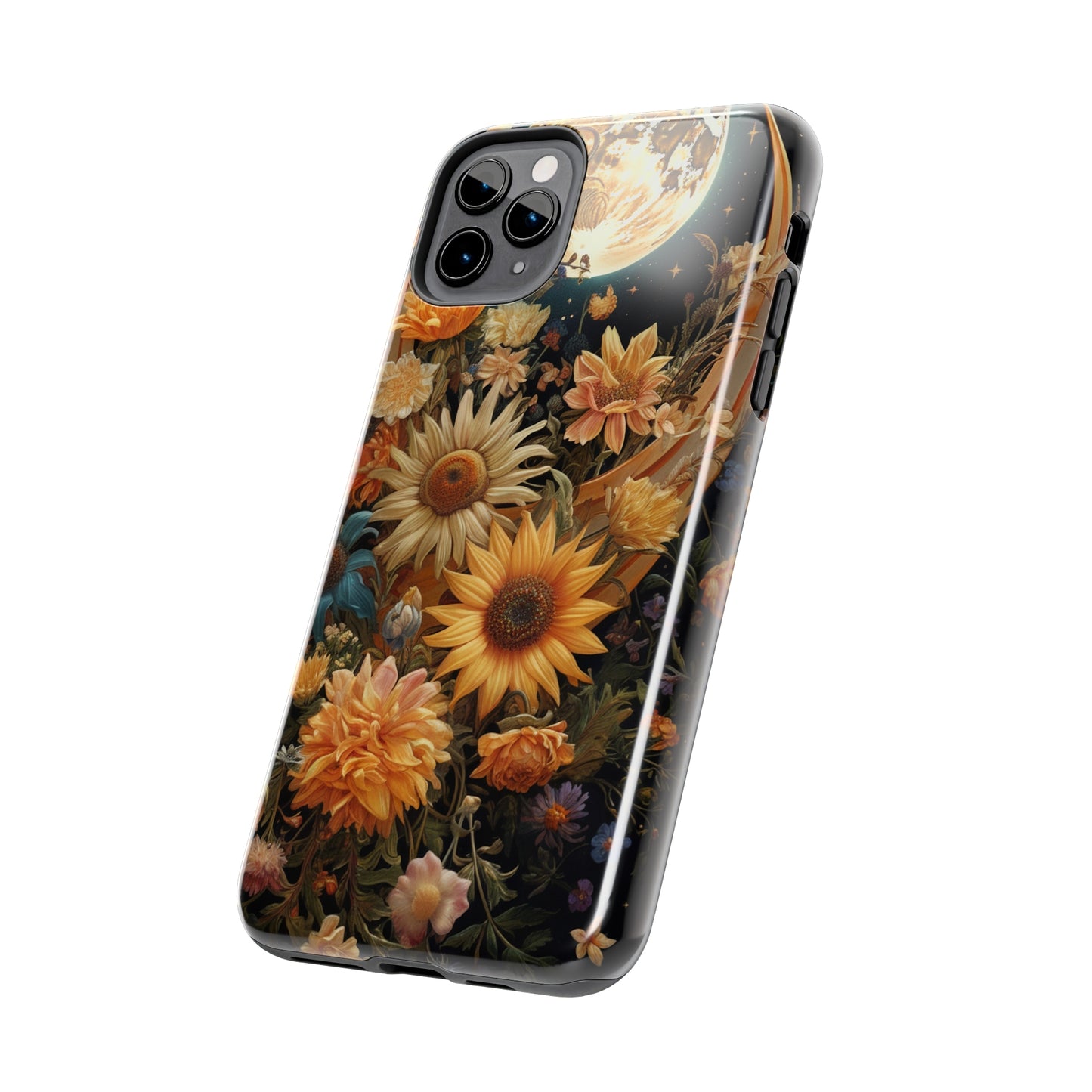 Celestial Charm: iPhone Case with Boho Cottagecore Fusion of Floral, Sun, Moon & Stars