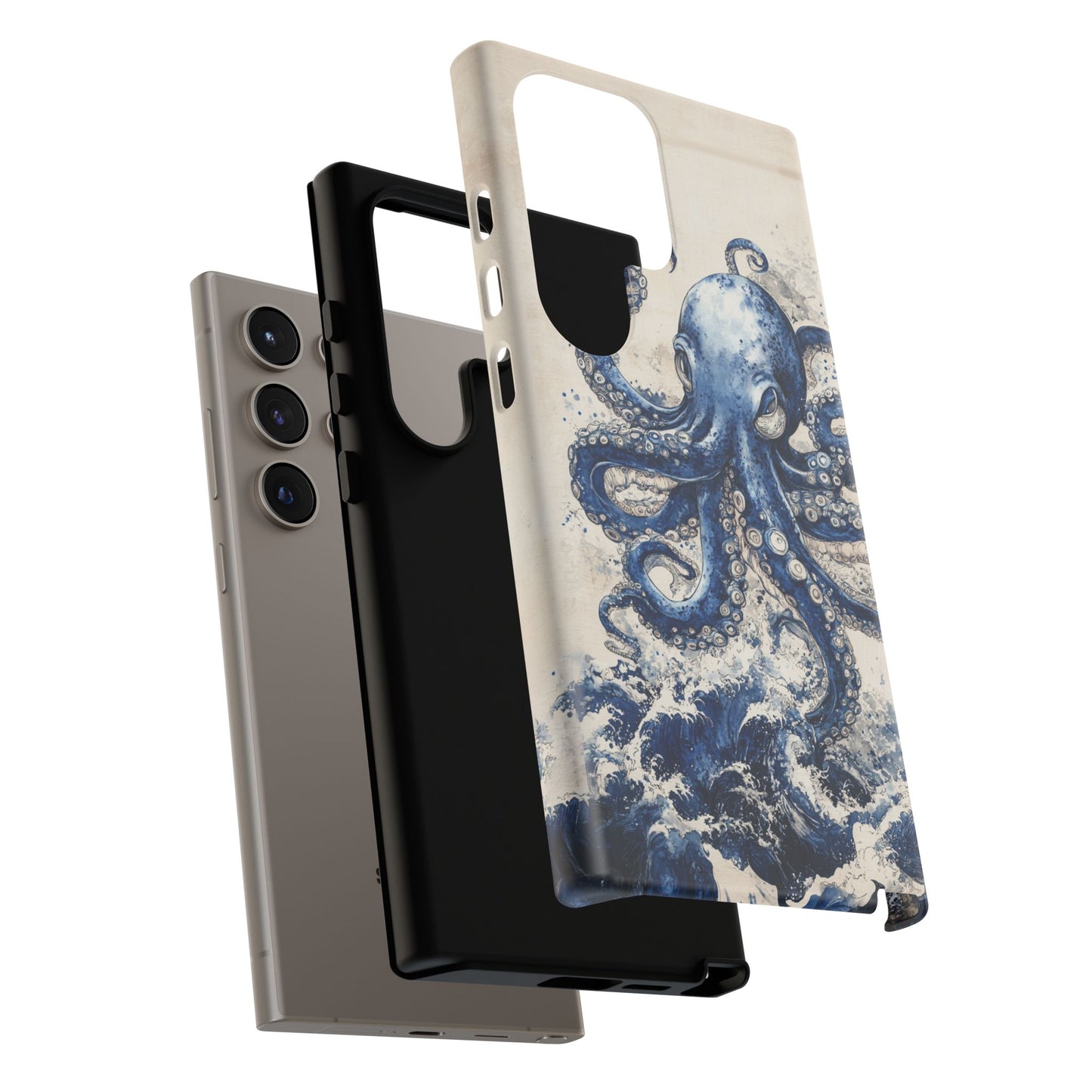 Vintage Japanese Art Style Blue Octopus and Waves Phone Cover