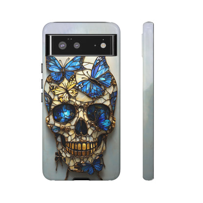 Gold and Blue Stained Glass Skull and Butterflies Phone Cover