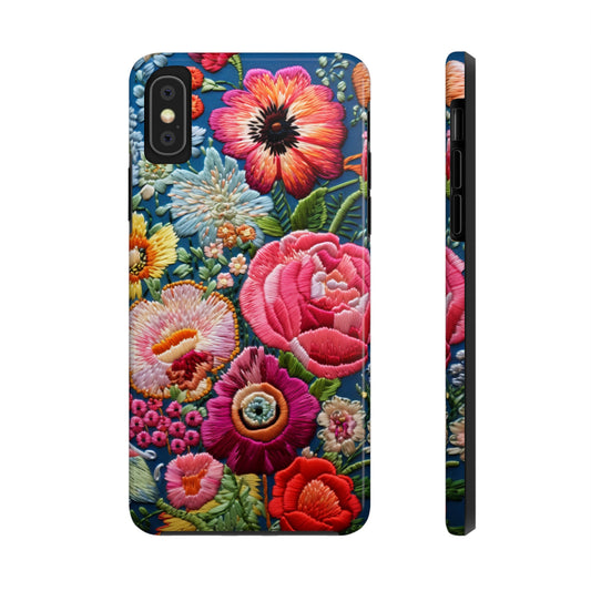 Embroidery Style Floral Aesthetic Flowers in Retro Vintage Tough Case iPhone Case