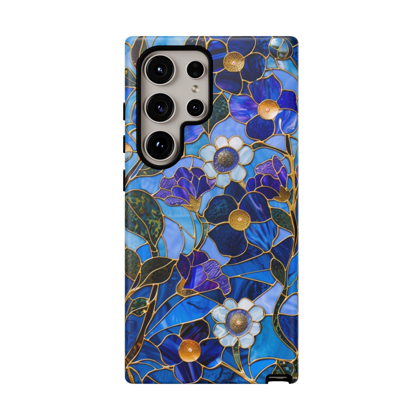 Blue Floral Stained Glass Gold Inlay Wild Flowers Phone Case