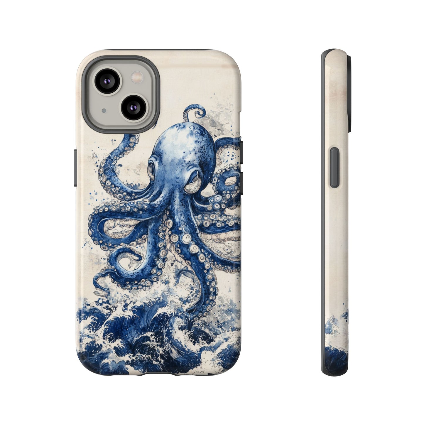 Vintage Japanese Art Style Blue Octopus and Waves Phone Cover