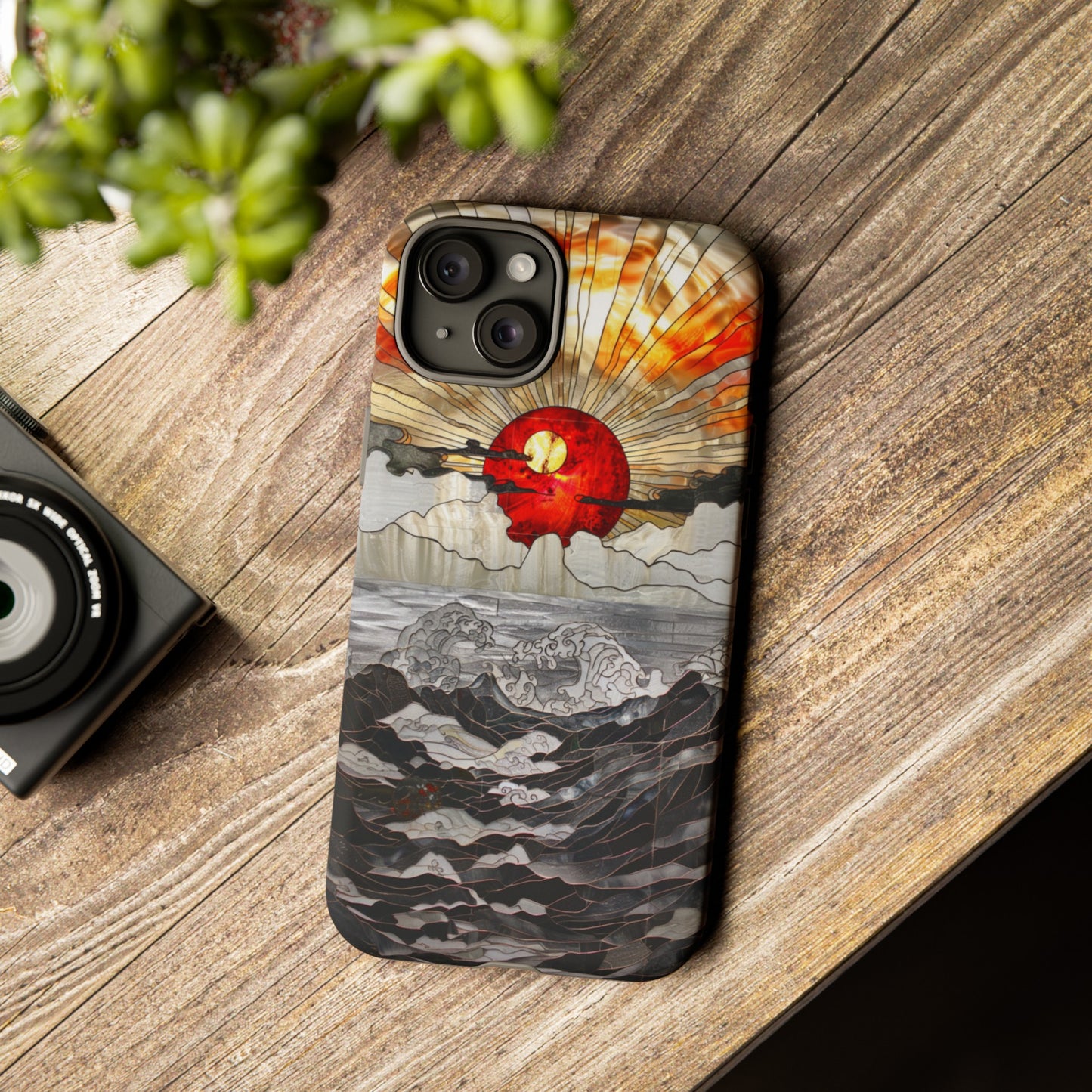 Japanese Rising Sun Phone Case Stained Glass Ocean Wave Phone Cover iPhone 15 Case