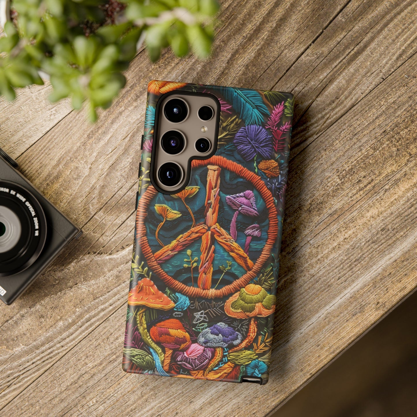 Embroidery Style Magic Mushrooms and Peace Sign Phone Case