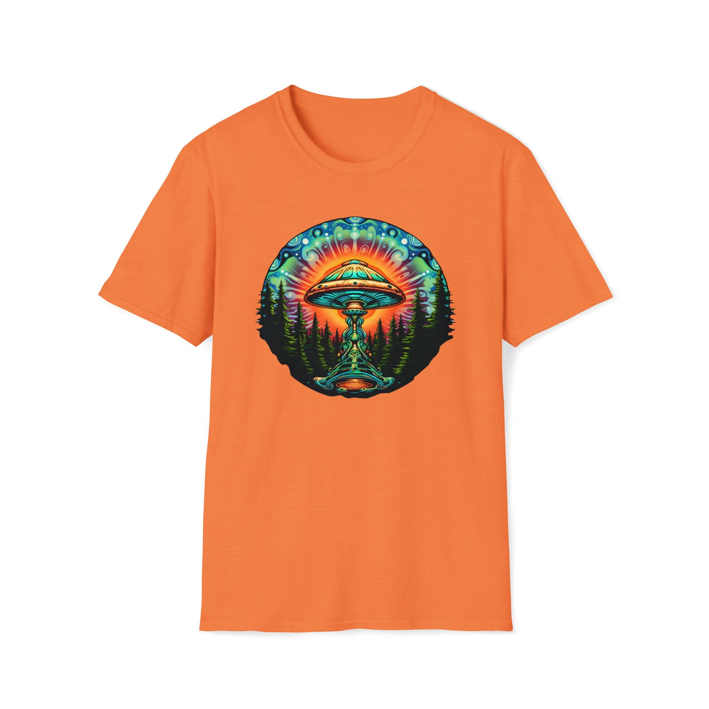 Trippy UFO Galactic Tee - Unisex Cosmic Alien Encounter T-Shirt, Vibrant Space Design