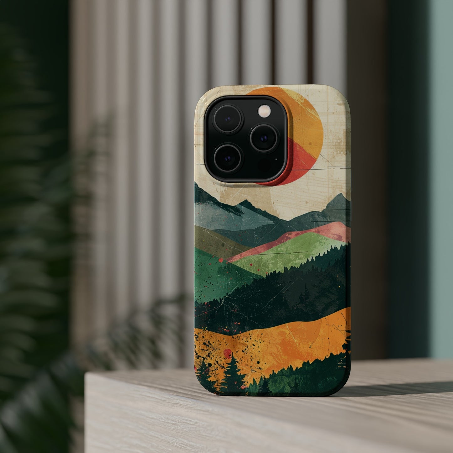Retro Mountain Sunset Orange and Red MagSafe Phone Case, iPhone 15 Case, Tough Phone Cover, Americana Outdoor Nature Lover